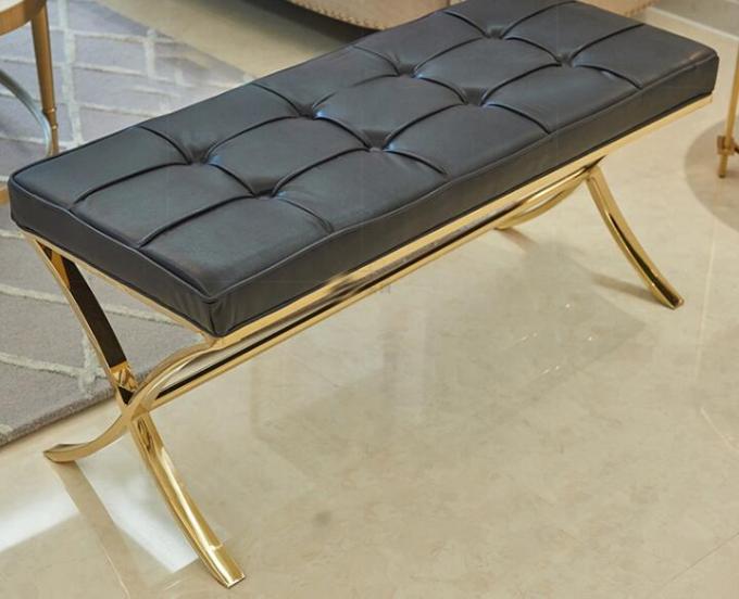 Button Tufted Leather Bedroom Ottoman Bench Durable With Mental Legs , Black Colors 0