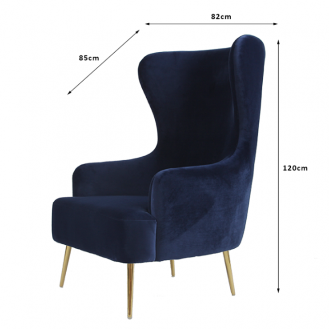 Upholstered Single Blue Velvet Armchair With Metal Leg 0