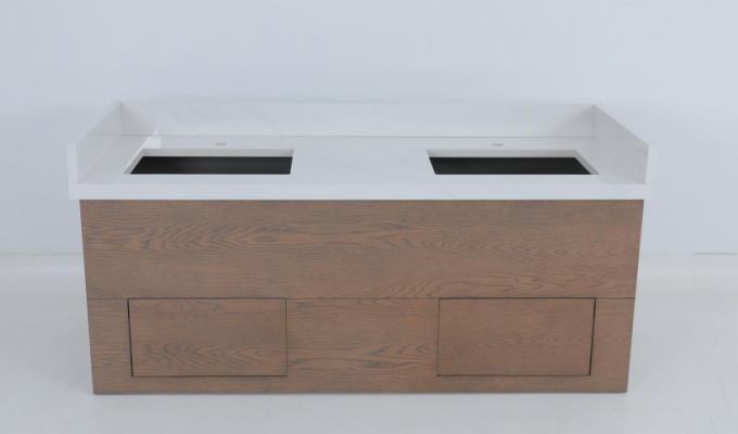 Hotel Komersial Oak Veneer berwarna Kamar Mandi Vanity Dengan Konsol Kayu 1