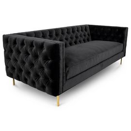 Harga yang bagus Black velvet fabric button tufted 3 seat sofa with 4 golden brass metal leg for wedding,living room rental sofa on line