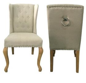 Harga yang bagus Natural oak wood frame with metal ring at back  linen fabric wooden dining chair on line
