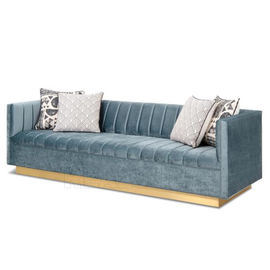 Harga yang bagus Modern Living Room Blue Velvet Fabric Sofa Stainless Steel Golden Brushed Manhattan Sofa With Wide Channel Tufting with on line