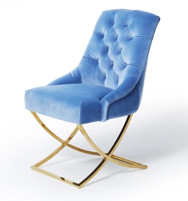 Harga yang bagus Golden X Cross Metal Legs Furniture Dining Room Chairs Blue Velvet Fabric Button Tufted on line