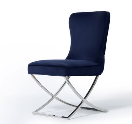 Harga yang bagus Stainless Steel X Cross Metal Legs Button Tufted Dining Chair Dark Blue Velvet Fabric on line
