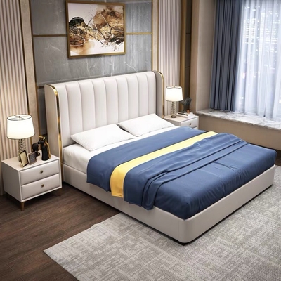 Harga yang bagus Light luxury leather double bed modern hotel bedroom furniture 1.8 m wedding bed on line