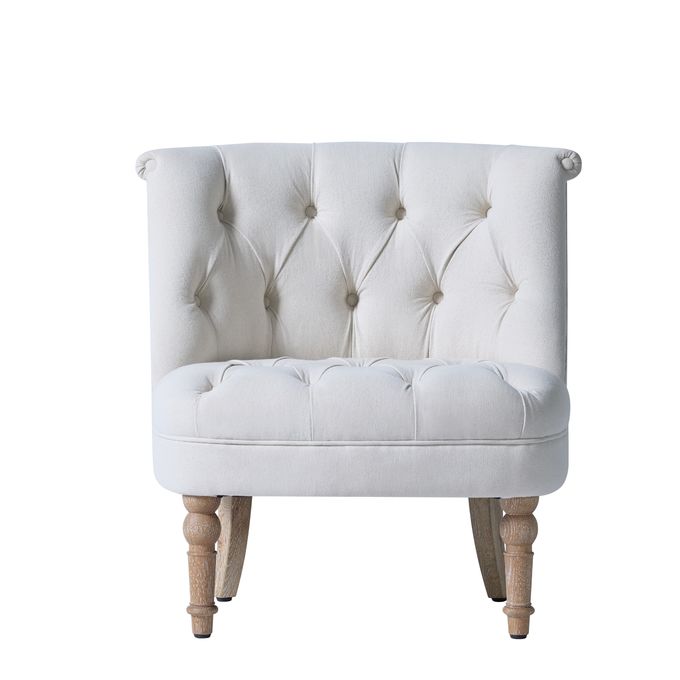 55cm Height White Button Tufted Fabric Occasional Chair With Solid Wood Base 0
