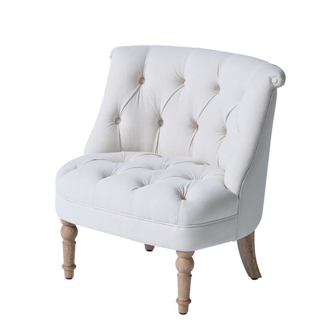 55cm Height White Button Tufted Fabric Occasional Chair With Solid Wood Base 1